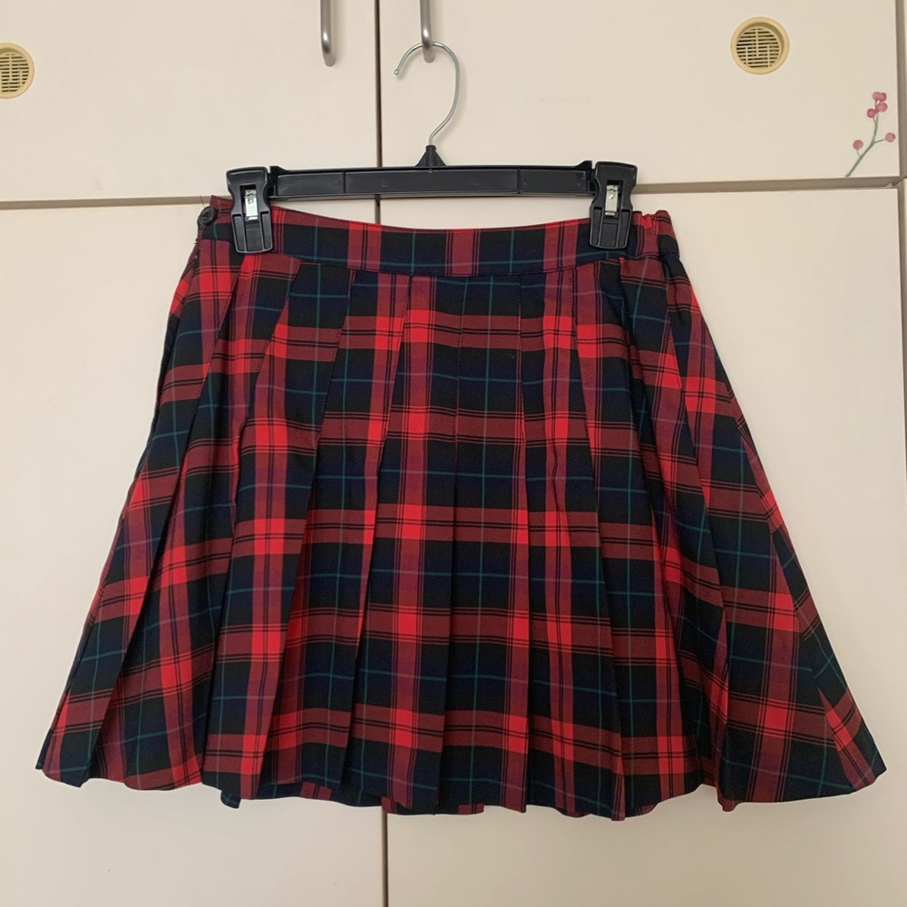 red plaid pleated school girl skirt